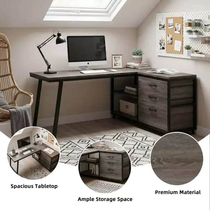 MAYEERTY Bureau d'angle réversible en L avec 3 tiroirs et étagères ouvertes, bureau d'ordinateur de 134,6 cm pour la maison/bureau