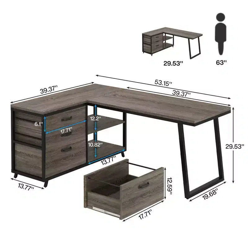 MAYEERTY Bureau d'angle réversible en L avec 3 tiroirs et étagères ouvertes, bureau d'ordinateur de 134,6 cm pour la maison/bureau
