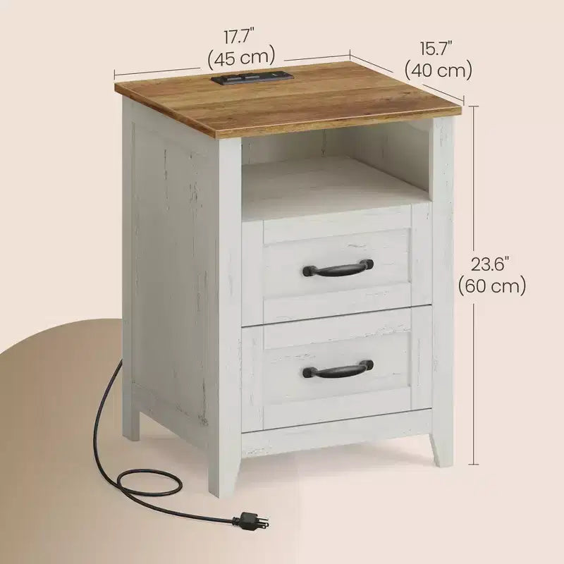 Table de chevet de ferme avec station de recharge, table de chevet à 2 tiroirs, étagère ouverte, ports USB et prises secteur, pour chambre et salon