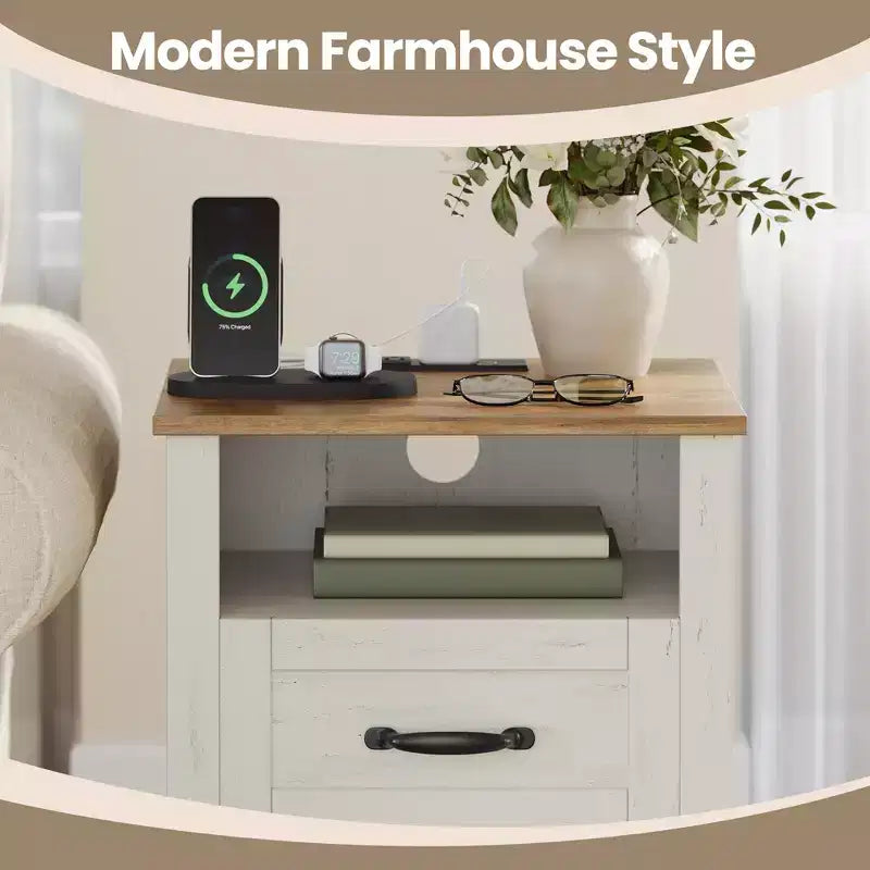 Table de chevet de ferme avec station de recharge, table de chevet à 2 tiroirs, étagère ouverte, ports USB et prises secteur, pour chambre et salon