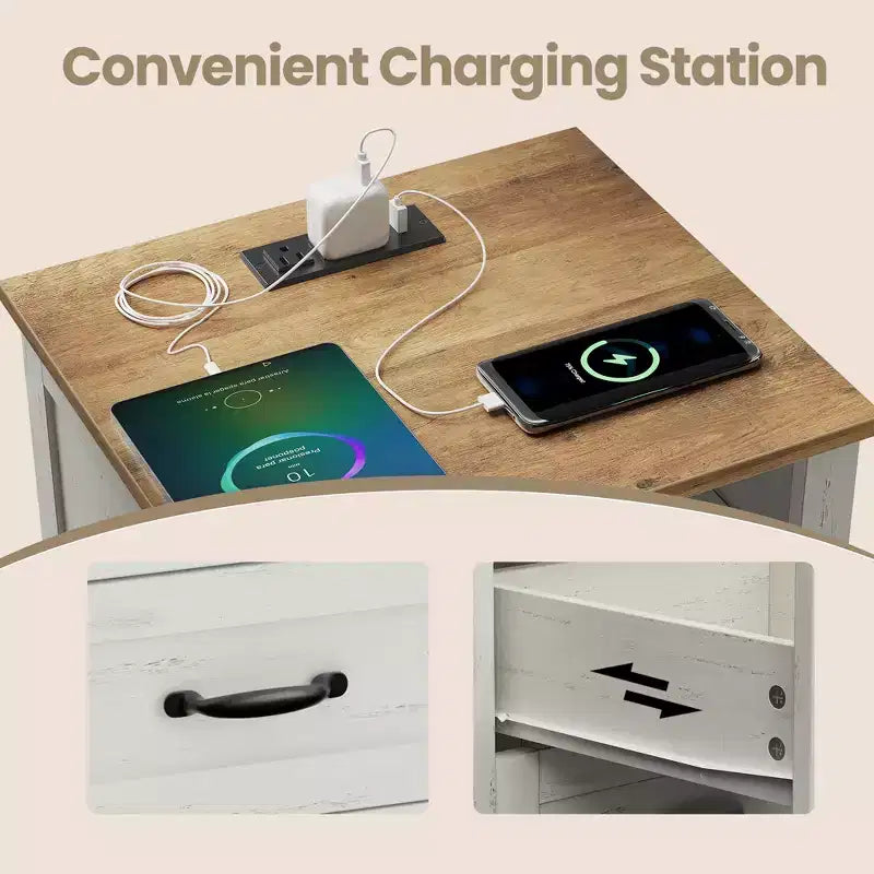 Table de chevet de ferme avec station de recharge, table de chevet à 2 tiroirs, étagère ouverte, ports USB et prises secteur, pour chambre et salon
