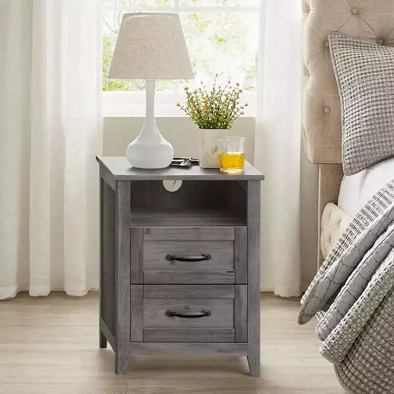Table de chevet de ferme avec station de recharge, table de chevet à 2 tiroirs, étagère ouverte, ports USB et prises secteur, pour chambre et salon
