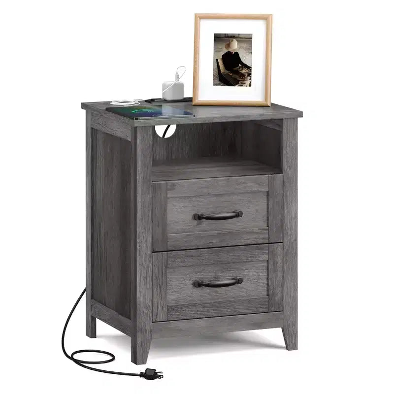 Table de chevet de ferme avec station de recharge, table de chevet à 2 tiroirs, étagère ouverte, ports USB et prises secteur, pour chambre et salon