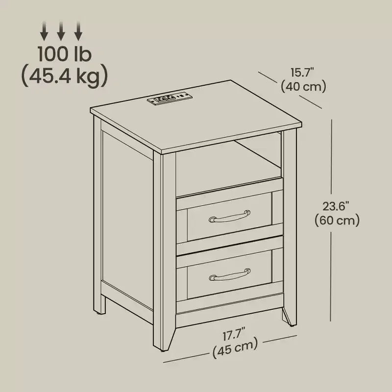 Table de chevet de ferme avec station de recharge, table de chevet à 2 tiroirs, étagère ouverte, ports USB et prises secteur, pour chambre et salon