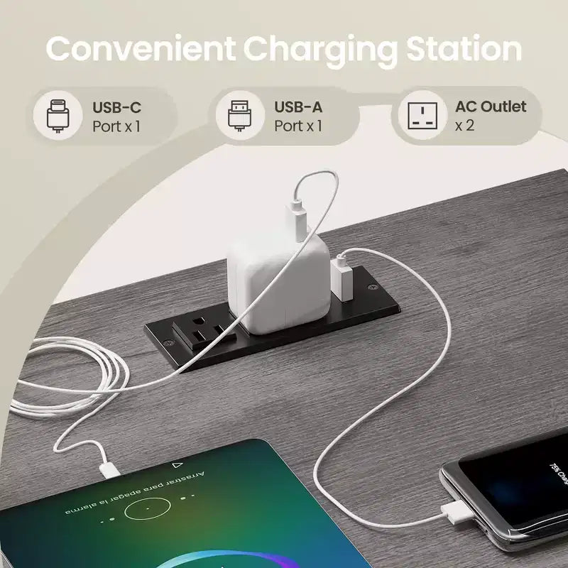 Table de chevet de ferme avec station de recharge, table de chevet à 2 tiroirs, étagère ouverte, ports USB et prises secteur, pour chambre et salon