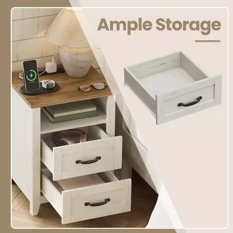 Table de chevet de ferme avec station de recharge, table de chevet à 2 tiroirs, étagère ouverte, ports USB et prises secteur, pour chambre et salon
