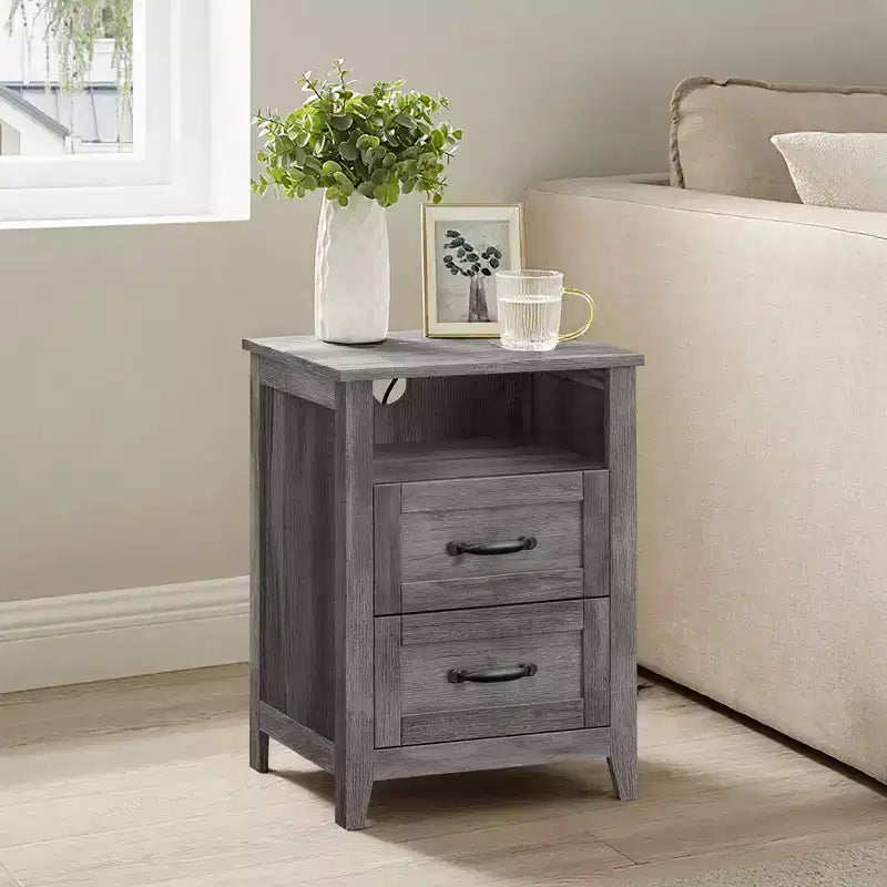 Farmhouse Nightstand with Charging Station, 2-Drawer Bedside Table, Open Shelf, USB & AC Outlets, for Bedroom & Living Room