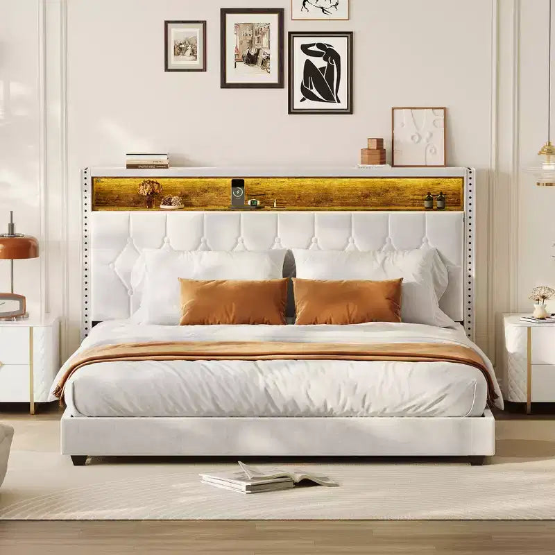 CuisinSmart Cadre de lit, sommier tapissier avec tête de lit et station de charge, pas besoin de sommier tapissier, assemblage facile, support à lattes en bois