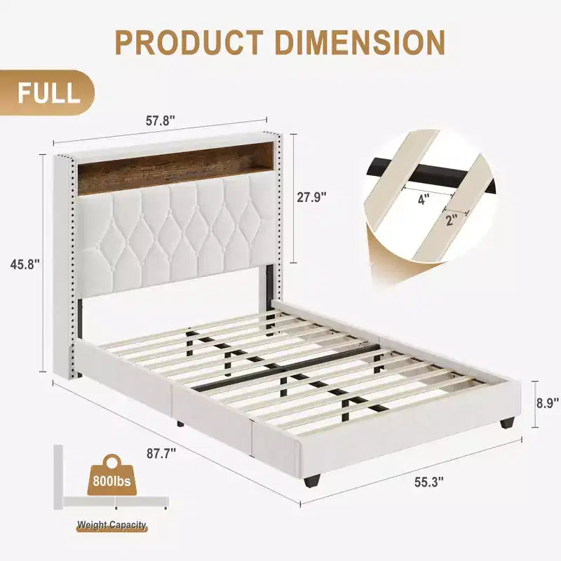 CuisinSmart Cadre de lit, sommier tapissier avec tête de lit et station de charge, pas besoin de sommier tapissier, assemblage facile, support à lattes en bois