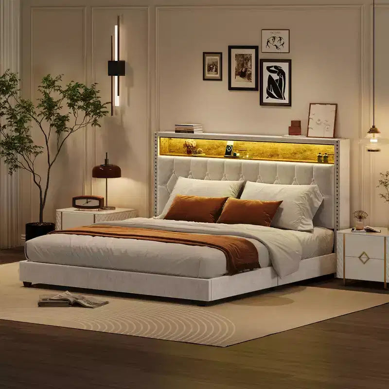 CuisinSmart Cadre de lit, sommier tapissier avec tête de lit et station de charge, pas besoin de sommier tapissier, assemblage facile, support à lattes en bois