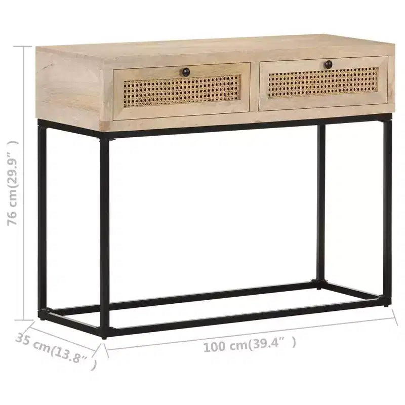 vidaXL Console, 100x35x76 cm, bois de manguier massif et rotin naturel