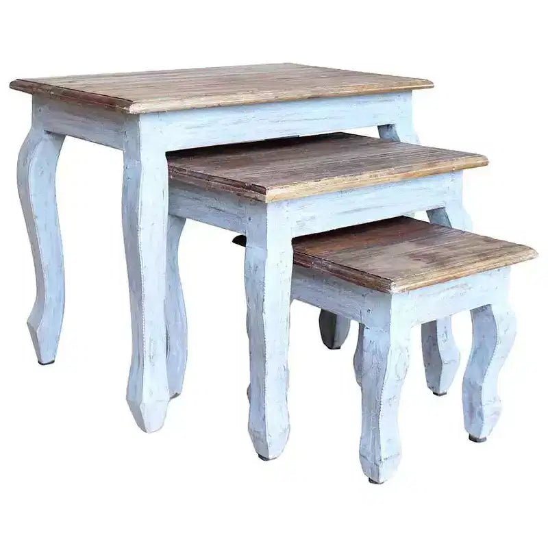 vidaXL Nesting Table Brown, White Solid Mahogany Wood Small, Medium, Large