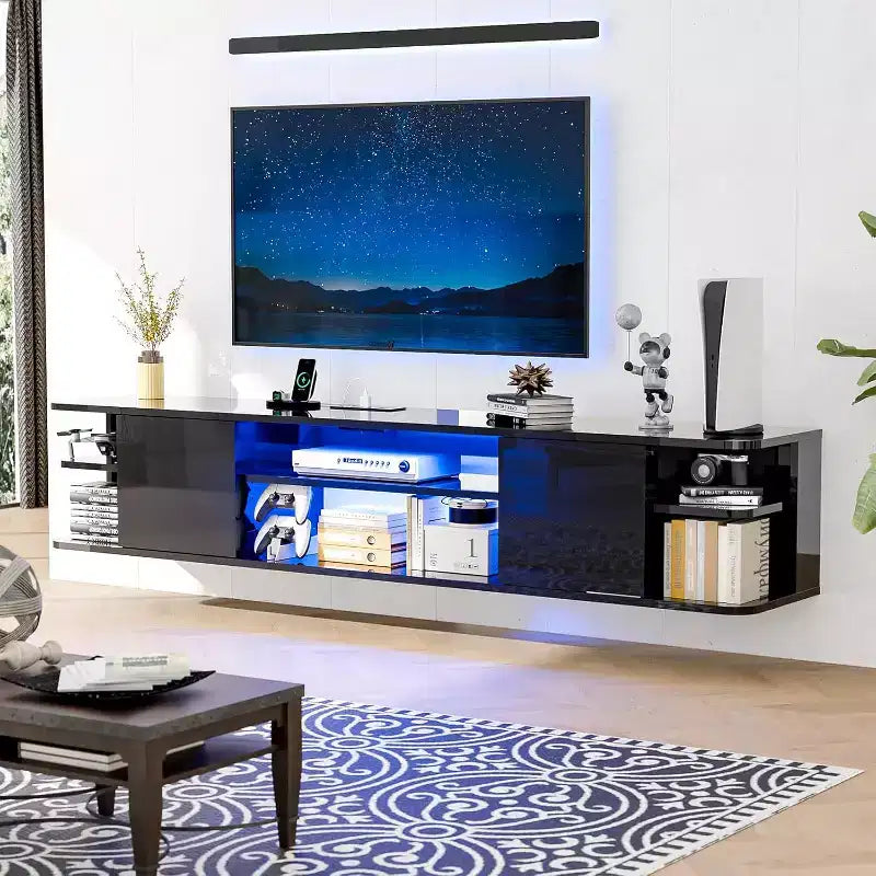 VINGLI 63 Black Floating TV Stand with RGB Lights, Wall Mounted Entertainment Center with Storage, High Glossy Media Console