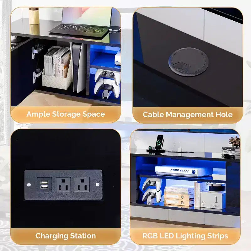 Meuble TV flottant noir VINGLI 63 avec lumières RVB, meuble de divertissement mural avec rangement, console média haute brillance