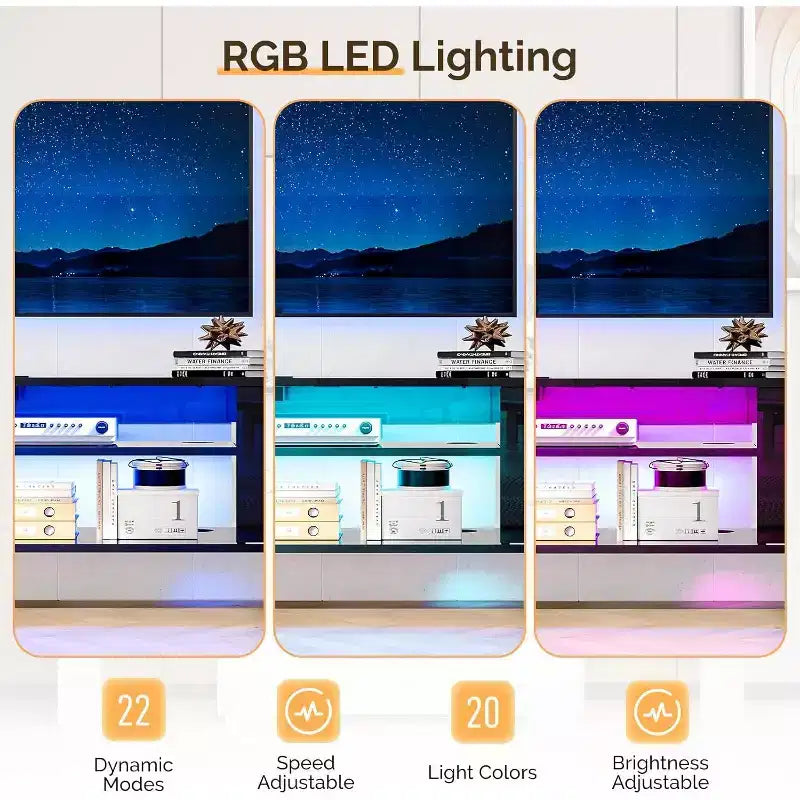 Meuble TV flottant noir VINGLI 63 avec lumières RVB, meuble de divertissement mural avec rangement, console média haute brillance