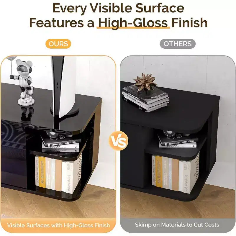 Meuble TV flottant noir VINGLI 63 avec lumières RVB, meuble de divertissement mural avec rangement, console média haute brillance