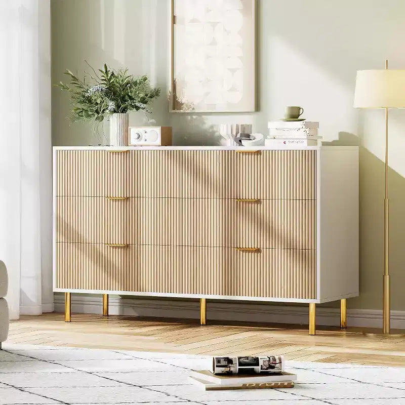 2025 New Modern 6 Drawer Dresser with Gold Handle, Wood Double Chest of Drawers and Storage Organizer for Living Room, Hallway, Entryway