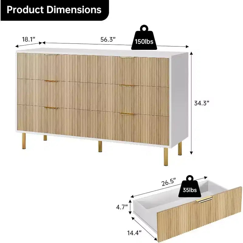 Commode moderne neuve à 6 tiroirs avec poignées dorées, double commode en bois et organisateur de rangement pour le salon, le couloir, l'entrée, 2025