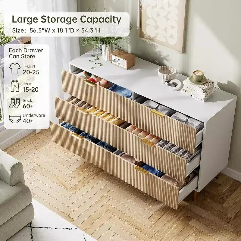 Commode moderne neuve à 6 tiroirs avec poignées dorées, double commode en bois et organisateur de rangement pour le salon, le couloir, l'entrée, 2025