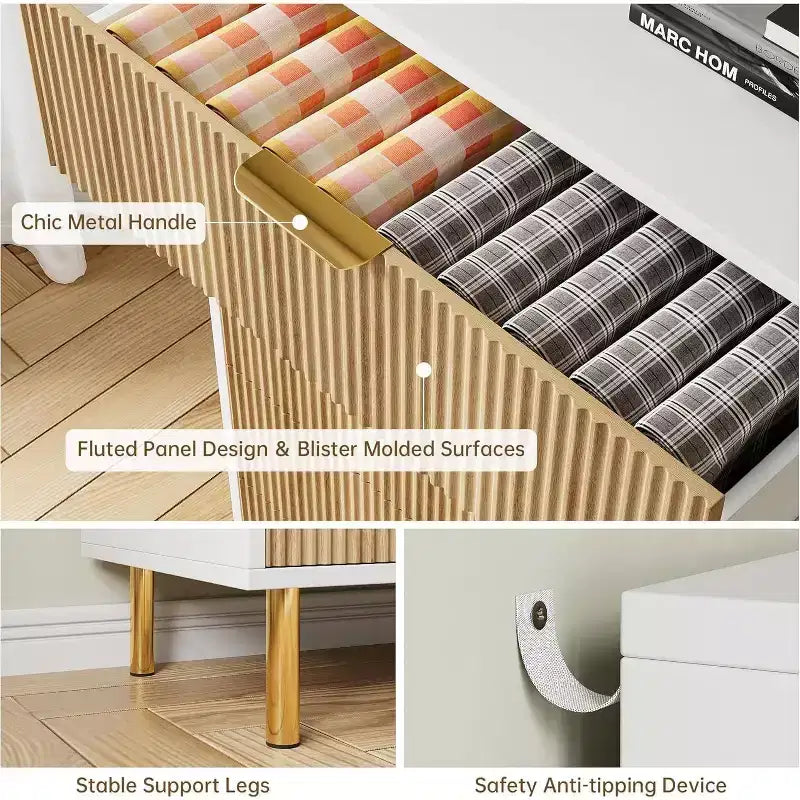 Commode moderne neuve à 6 tiroirs avec poignées dorées, double commode en bois et organisateur de rangement pour le salon, le couloir, l'entrée, 2025