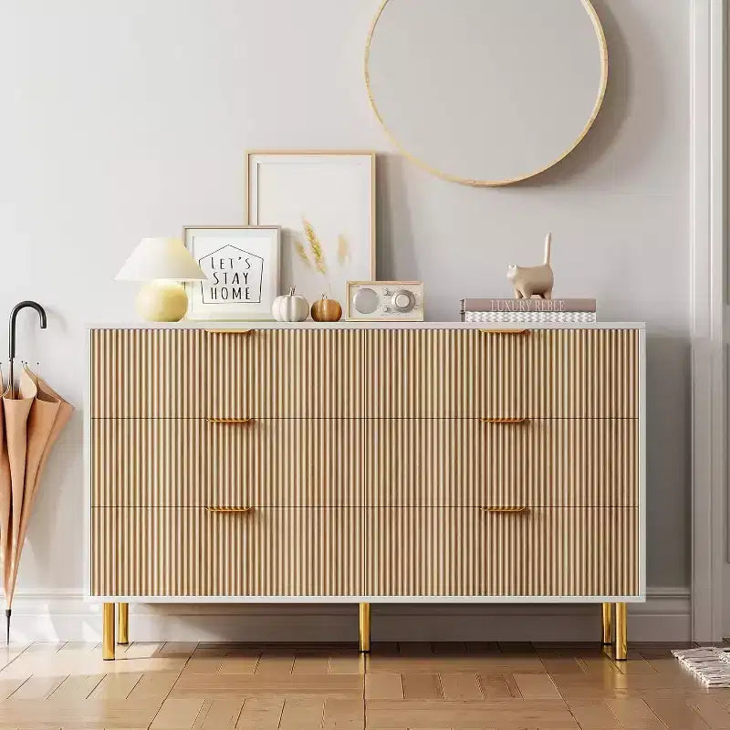 Commode moderne neuve à 6 tiroirs avec poignées dorées, double commode en bois et organisateur de rangement pour le salon, le couloir, l'entrée, 2025