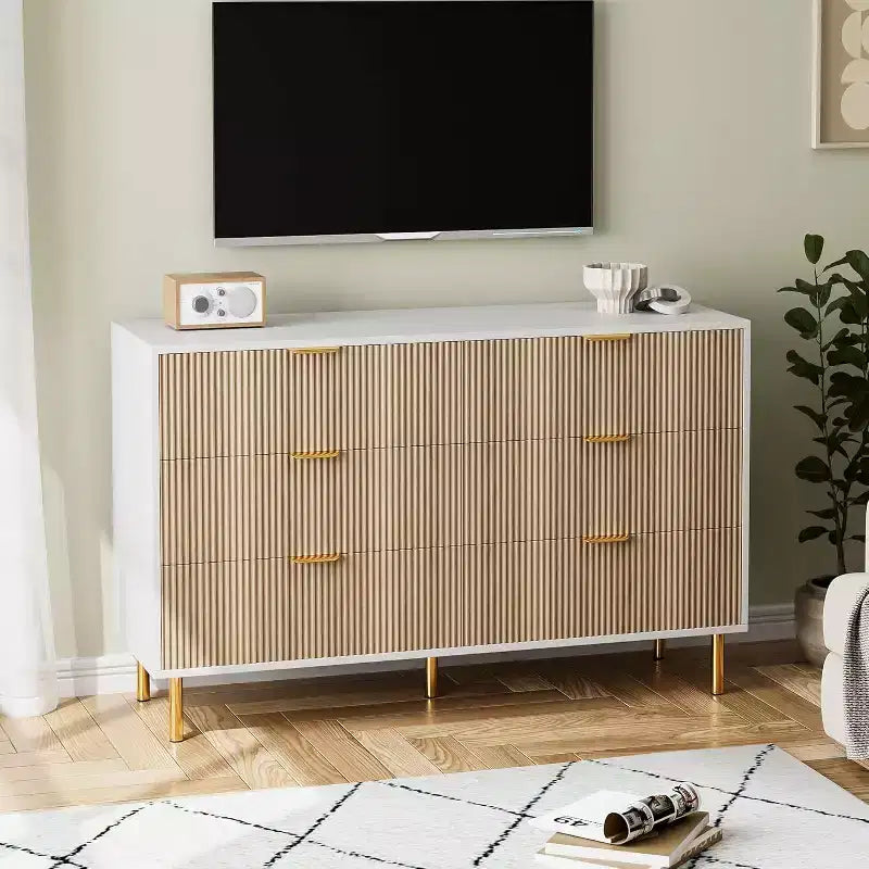 Commode moderne neuve à 6 tiroirs avec poignées dorées, double commode en bois et organisateur de rangement pour le salon, le couloir, l'entrée, 2025