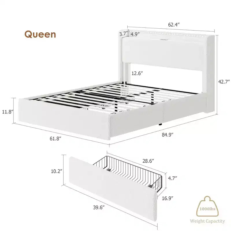 Lit Boucle avec tête de lit de rangement, station de charge et lumières LED, sans sommier tapissier, 4 tiroirs de rangement