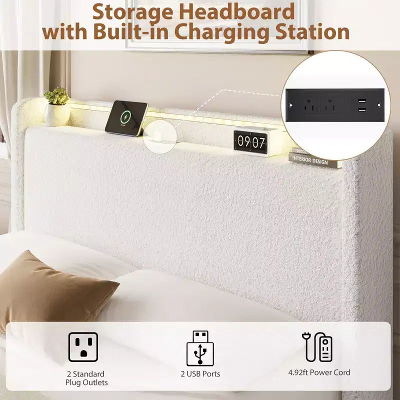 Lit Boucle avec tête de lit de rangement, station de charge et lumières LED, sans sommier tapissier, 4 tiroirs de rangement