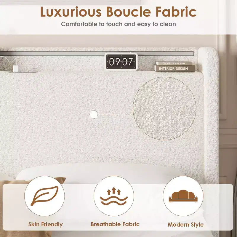 Lit Boucle avec tête de lit de rangement, station de charge et lumières LED, sans sommier tapissier, 4 tiroirs de rangement