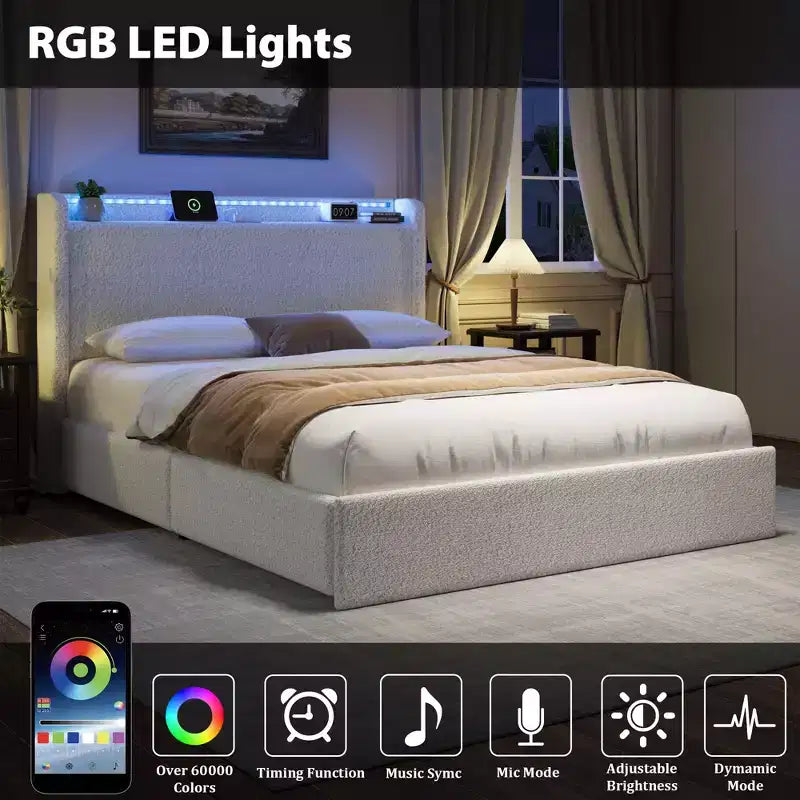 Lit Boucle avec tête de lit de rangement, station de charge et lumières LED, sans sommier tapissier, 4 tiroirs de rangement