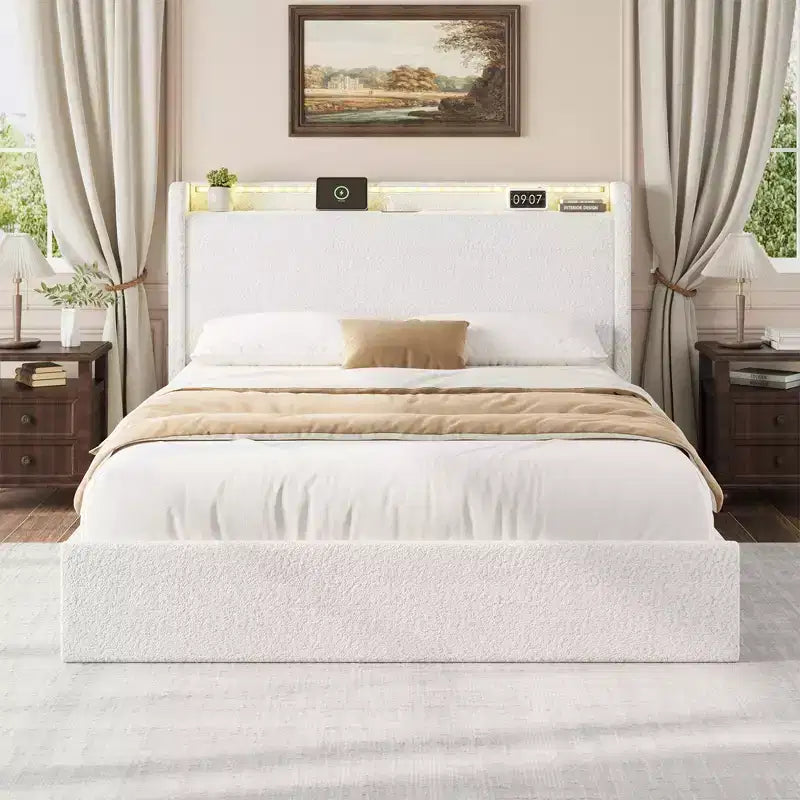 Lit Boucle avec tête de lit de rangement, station de charge et lumières LED, sans sommier tapissier, 4 tiroirs de rangement