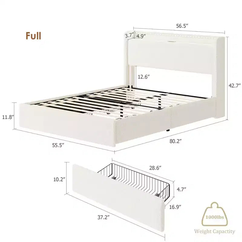 Lit Boucle avec tête de lit de rangement, station de charge et lumières LED, sans sommier tapissier, 4 tiroirs de rangement