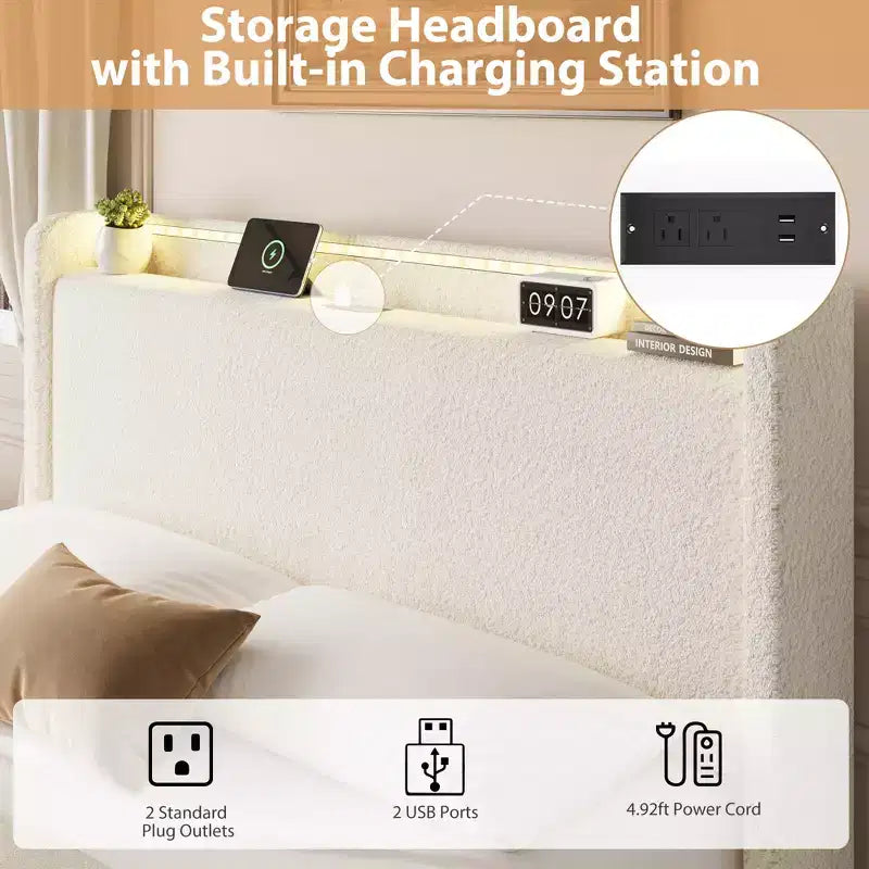 Lit Boucle avec tête de lit de rangement, station de charge et lumières LED, sans sommier tapissier, 4 tiroirs de rangement