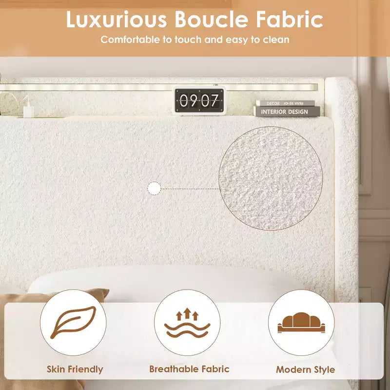 Lit Boucle avec tête de lit de rangement, station de charge et lumières LED, sans sommier tapissier, 4 tiroirs de rangement