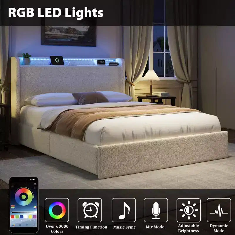 Lit Boucle avec tête de lit de rangement, station de charge et lumières LED, sans sommier tapissier, 4 tiroirs de rangement