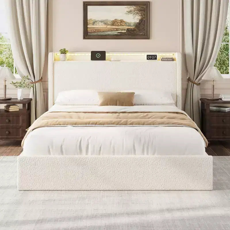 Lit Boucle avec tête de lit de rangement, station de charge et lumières LED, sans sommier tapissier, 4 tiroirs de rangement