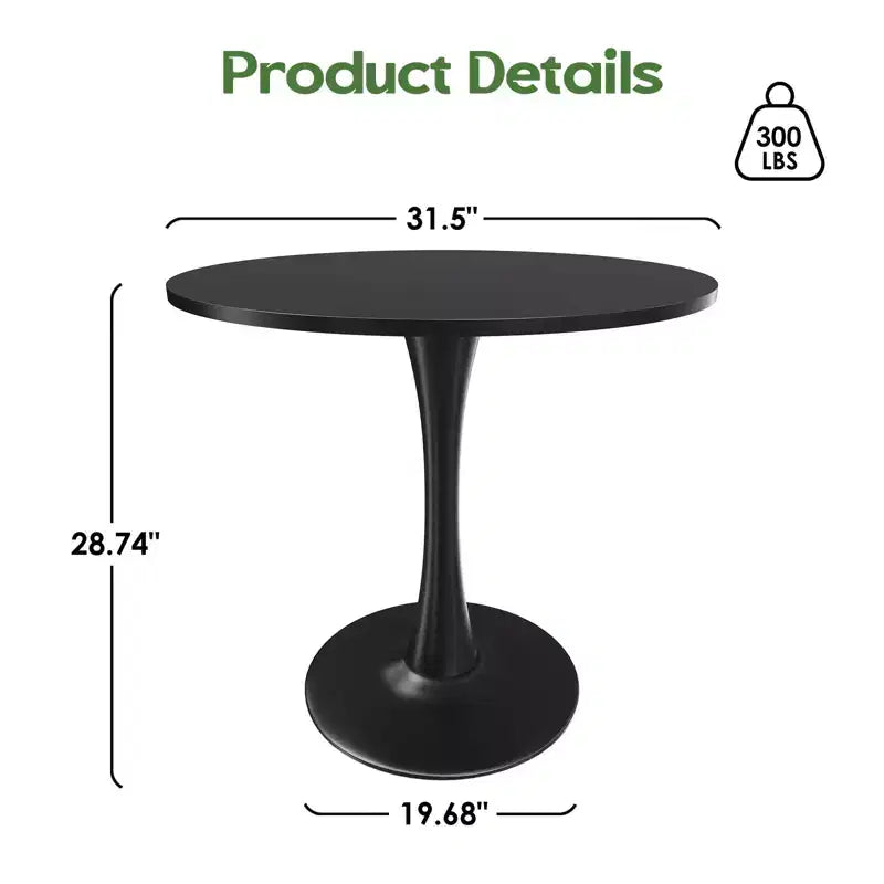 PexFix 31.5 Table à manger ronde moderne Tulip pour 2-4 personnes Plateau en bois noir avec pied piédestal en métal pour cuisine salon