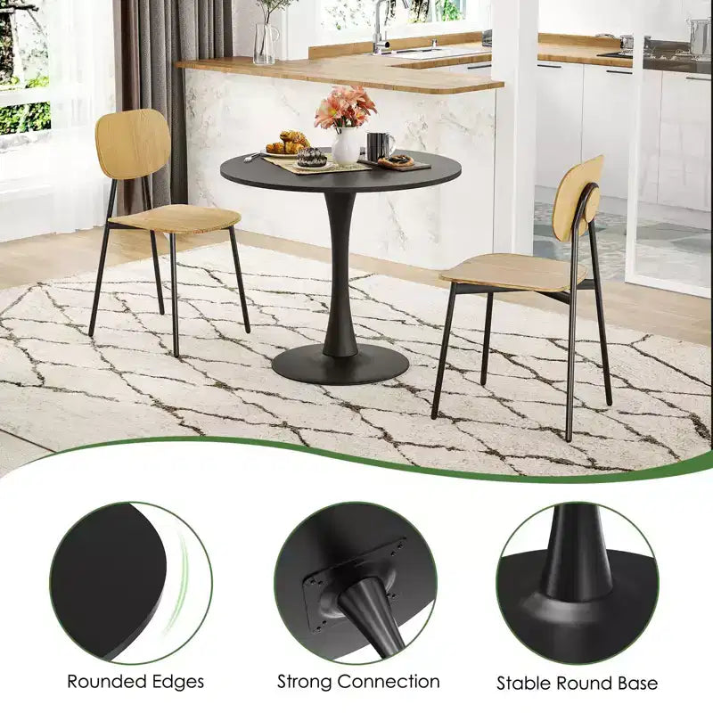 PexFix 31.5 Table à manger ronde moderne Tulip pour 2-4 personnes Plateau en bois noir avec pied piédestal en métal pour cuisine salon