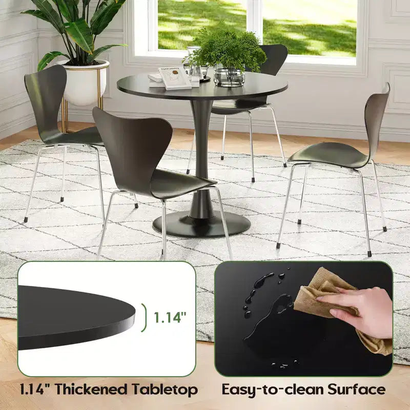 PexFix 31.5 Table à manger ronde moderne Tulip pour 2-4 personnes Plateau en bois noir avec pied piédestal en métal pour cuisine salon