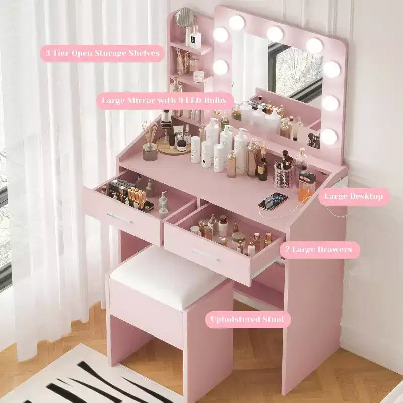 Coiffeuse moderne avec miroir, lumières intégrées, 4 tiroirs, poignées en boule de cristal, prise de courant, coiffeuse blanche pour chambre à coucher