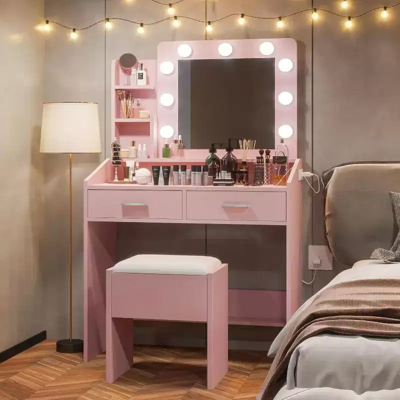 Coiffeuse moderne avec miroir, lumières intégrées, 4 tiroirs, poignées en boule de cristal, prise de courant, coiffeuse blanche pour chambre à coucher