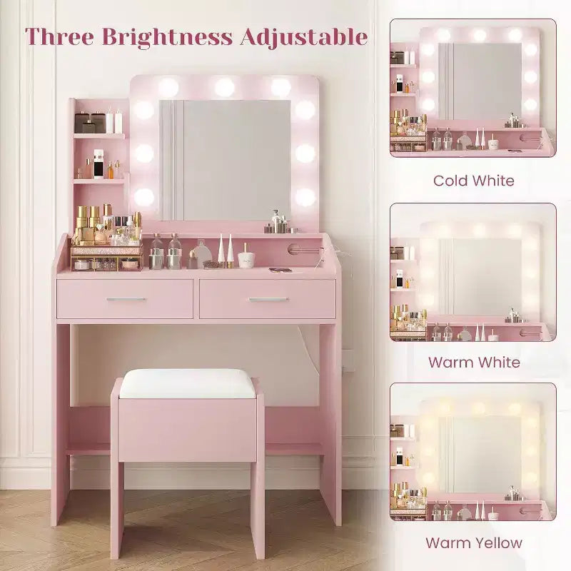 Coiffeuse moderne avec miroir, lumières intégrées, 4 tiroirs, poignées en boule de cristal, prise de courant, coiffeuse blanche pour chambre à coucher