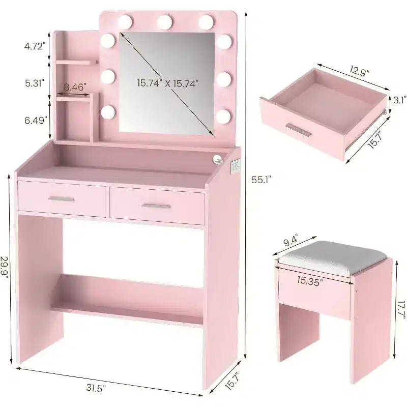 Coiffeuse moderne avec miroir, lumières intégrées, 4 tiroirs, poignées en boule de cristal, prise de courant, coiffeuse blanche pour chambre à coucher