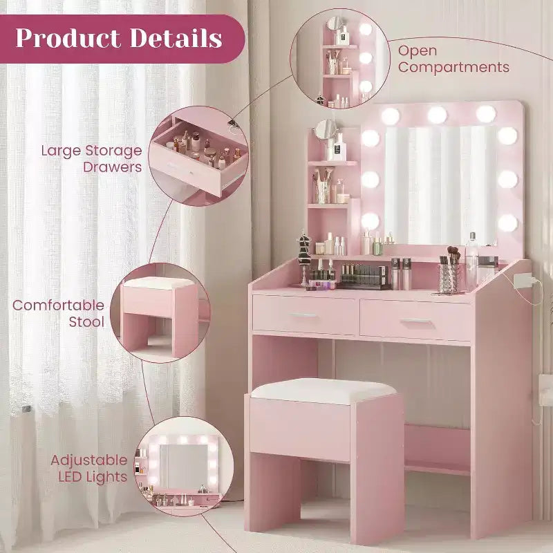 Coiffeuse moderne avec miroir, lumières intégrées, 4 tiroirs, poignées en boule de cristal, prise de courant, coiffeuse blanche pour chambre à coucher