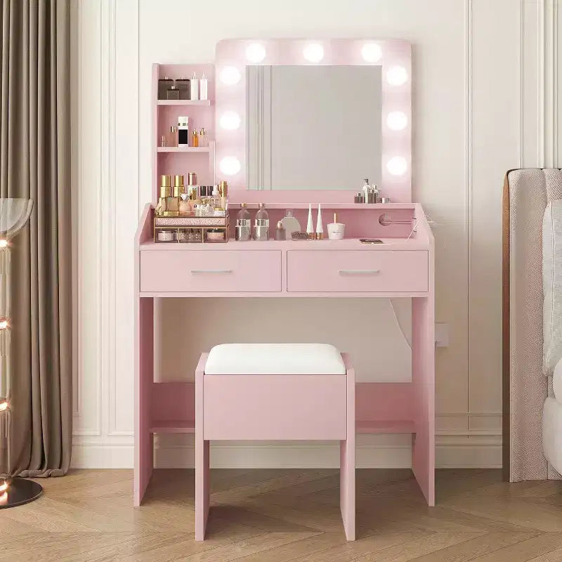 Coiffeuse moderne avec miroir, lumières intégrées, 4 tiroirs, poignées en boule de cristal, prise de courant, coiffeuse blanche pour chambre à coucher