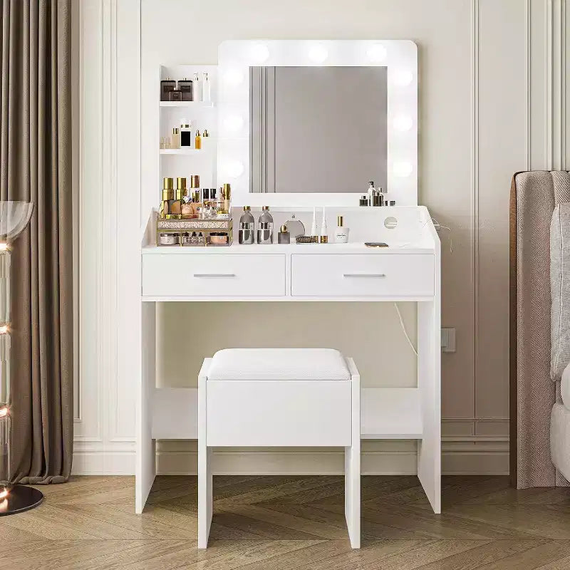 Coiffeuse moderne avec miroir, lumières intégrées, 4 tiroirs, poignées en boule de cristal, prise de courant, coiffeuse blanche pour chambre à coucher