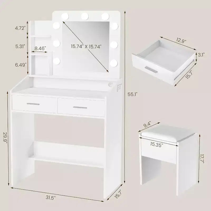 Coiffeuse moderne avec miroir, lumières intégrées, 4 tiroirs, poignées en boule de cristal, prise de courant, coiffeuse blanche pour chambre à coucher