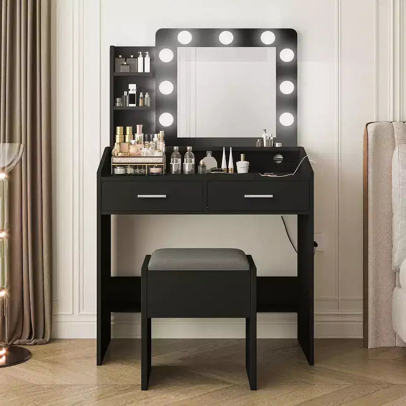 Coiffeuse moderne avec miroir, lumières intégrées, 4 tiroirs, poignées en boule de cristal, prise de courant, coiffeuse blanche pour chambre à coucher