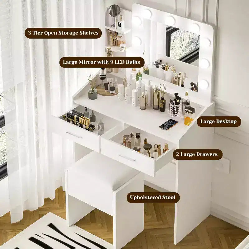 Coiffeuse moderne avec miroir, lumières intégrées, 4 tiroirs, poignées en boule de cristal, prise de courant, coiffeuse blanche pour chambre à coucher