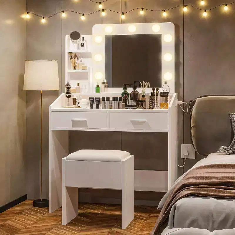 Coiffeuse moderne avec miroir, lumières intégrées, 4 tiroirs, poignées en boule de cristal, prise de courant, coiffeuse blanche pour chambre à coucher